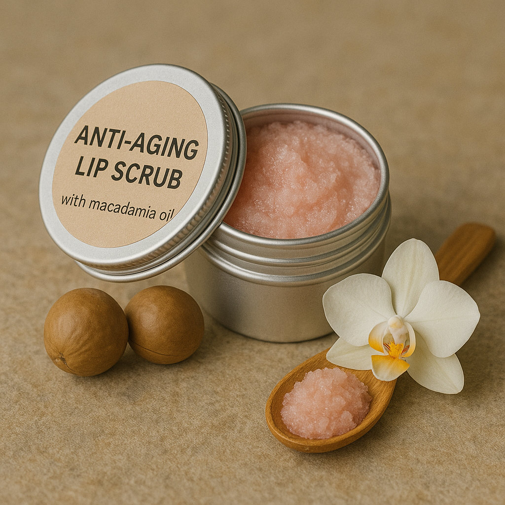 Anti-aging lip scrub with macadamia oil in a metal container on a brown background