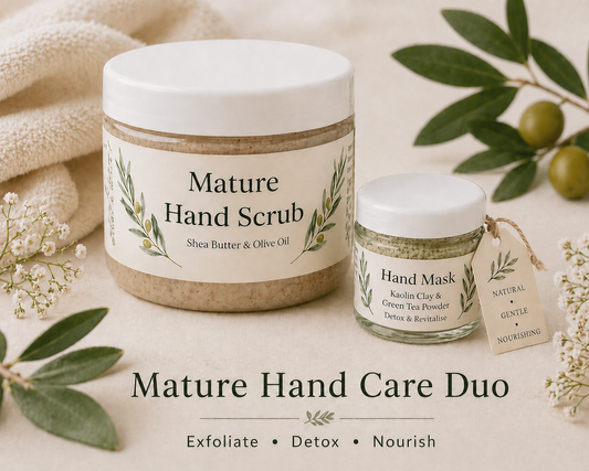 Mature Hand Care Duo with scrub and mask on a neutral background with olive leaves.