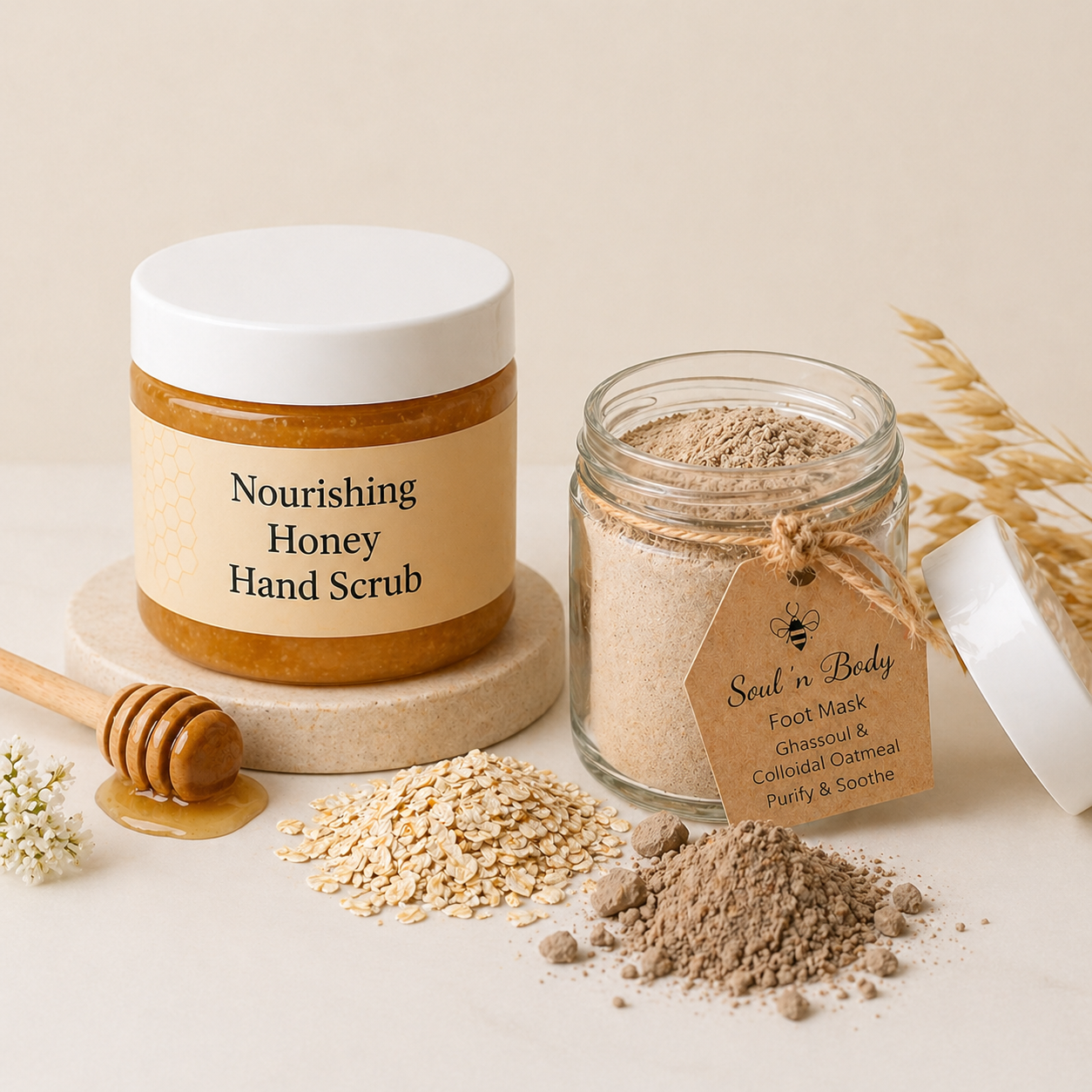 Nourishing Honey Hand Scrub jar and glass jar with ingredients on a light background