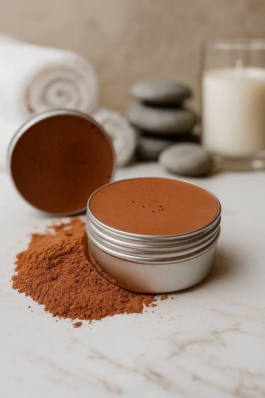 Open tin of red clay cleansing balm on a marble surface beside a small pile of loose red clay, with a towel in the background.