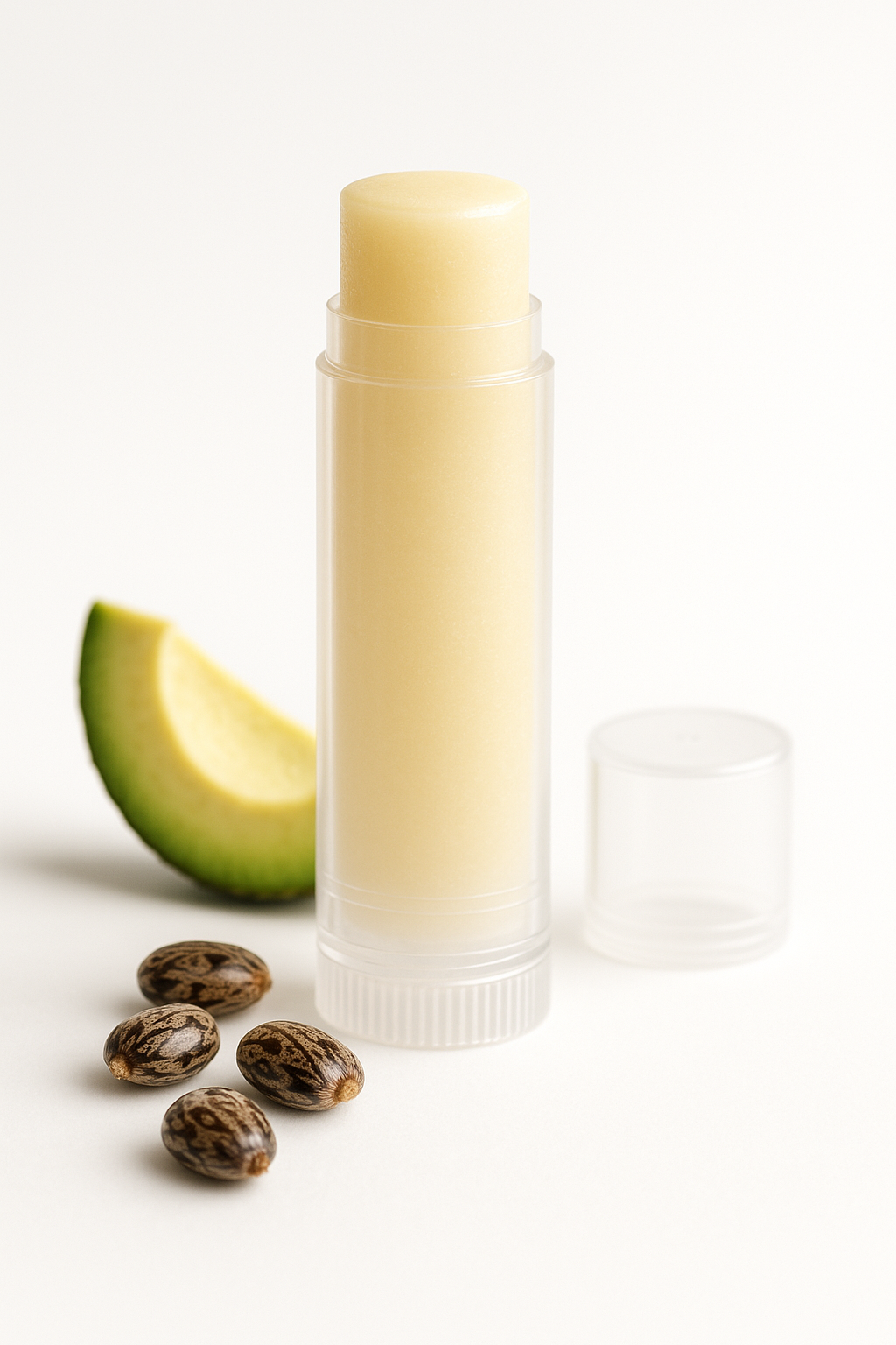 Lip balm tube with avocado and  castor seeds on a white background