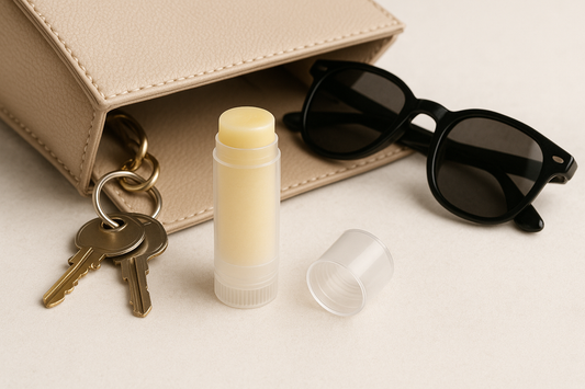 Lip balm next to sunglasses, keys, and an open beige purse on a light surface