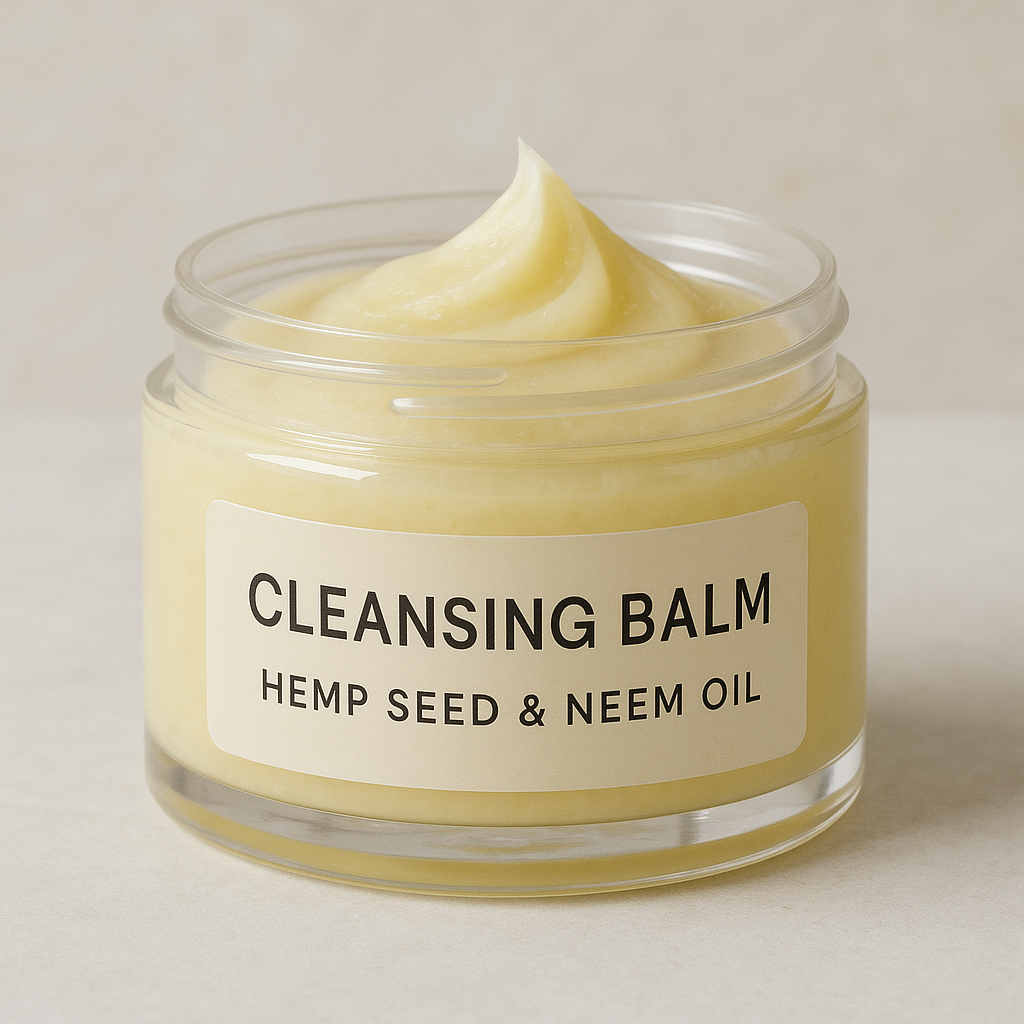 Jar of cleansing balm with hemp seed and neem oil on a neutral background