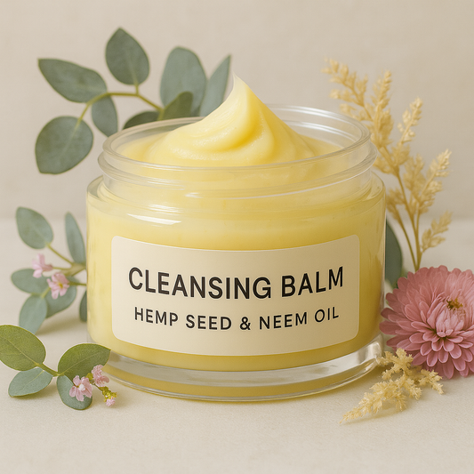 Jar of cleansing balm with hemp seed and neem oil, surrounded by flowers and leaves on a light background
