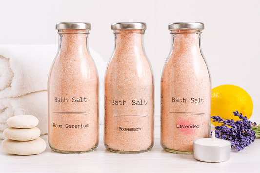 Luxury bath salts in eco-friendly glass bottles with Himalayan pink salt, Epsom salt, and Dead Sea salt – natural bath soak for relaxation.