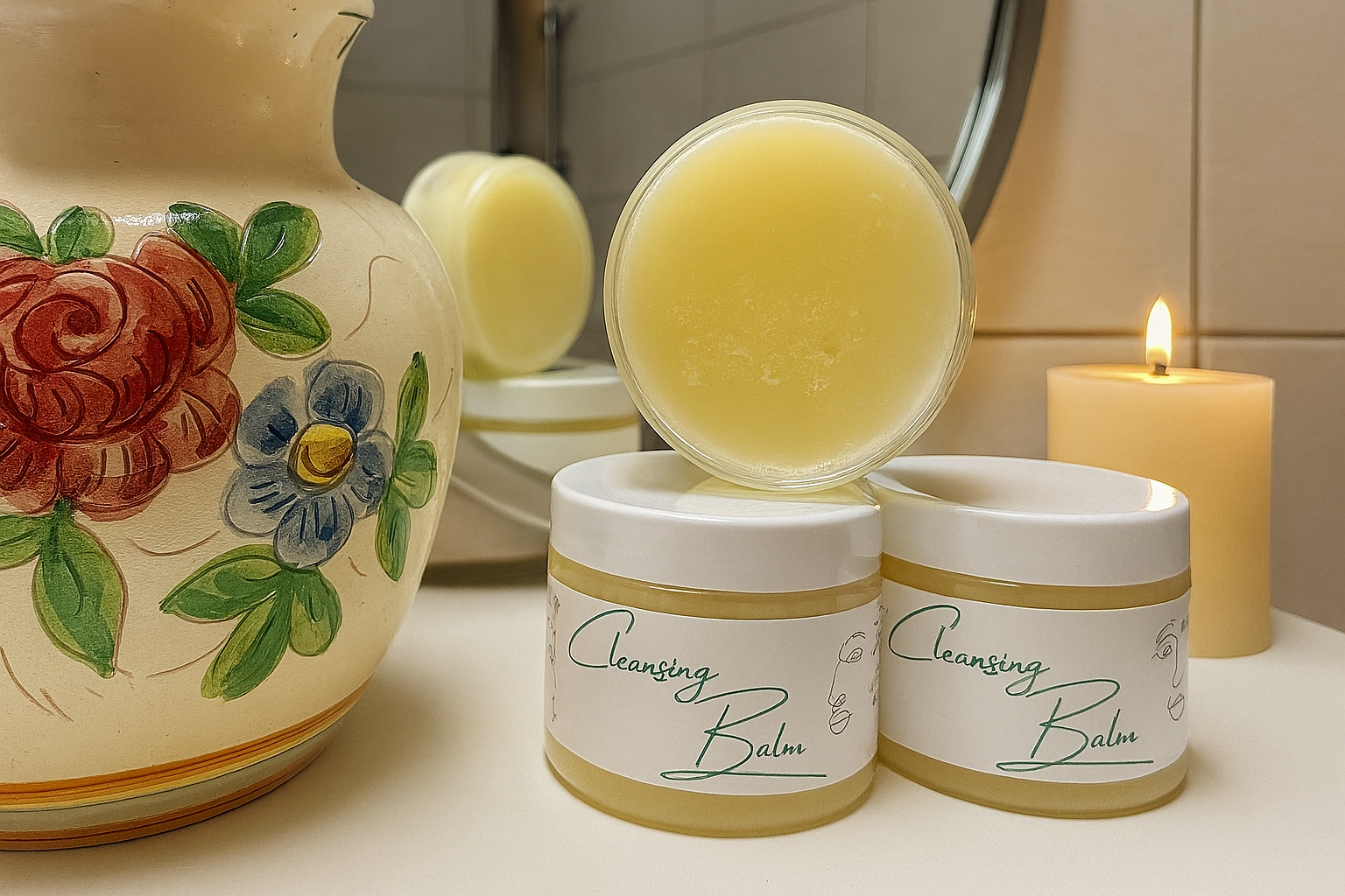 Handmade cleansing balms with essential oil blends in recyclable skincare containers