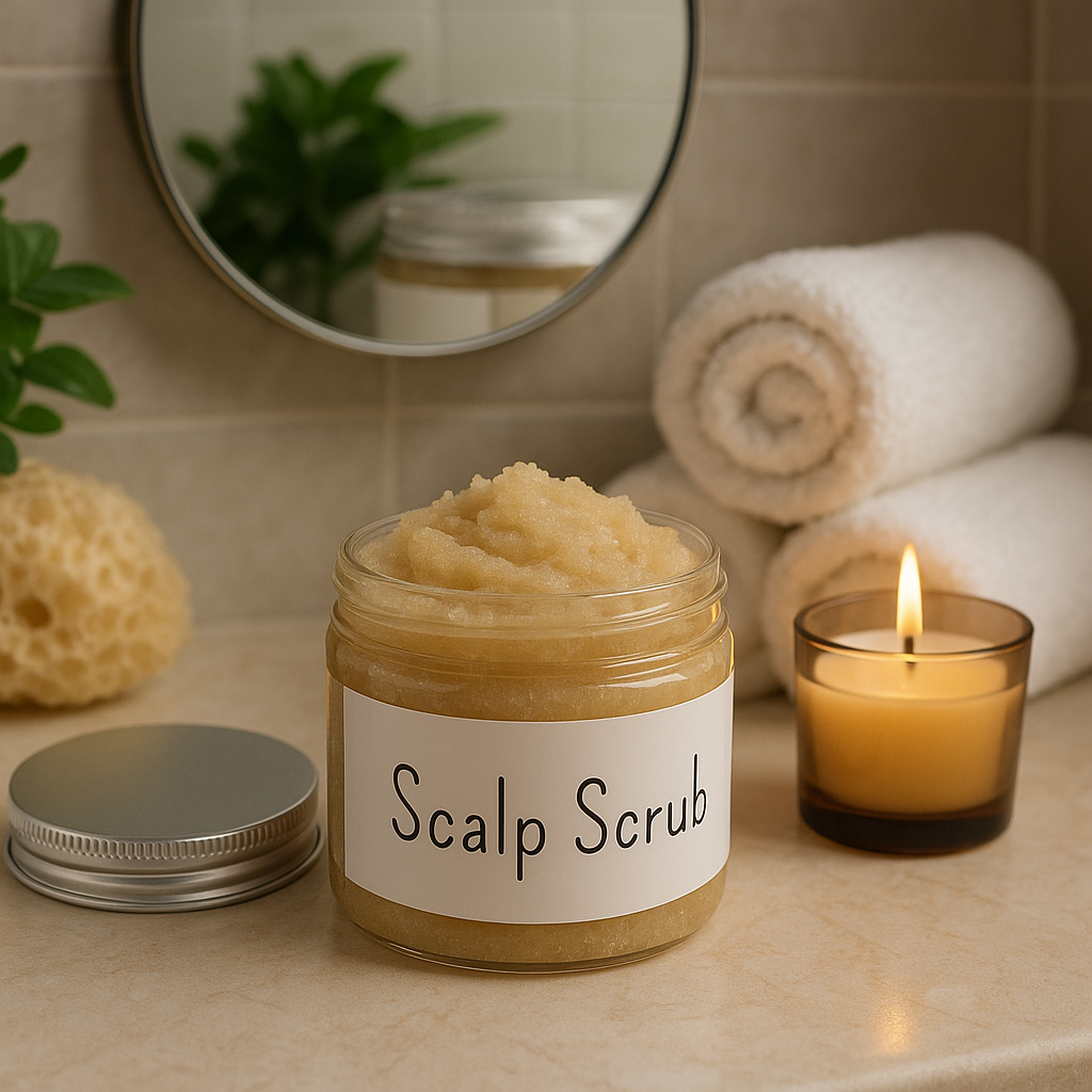 Close-up of exfoliating scalp scrub with a creamy, grainy texture made with natural ingredients.