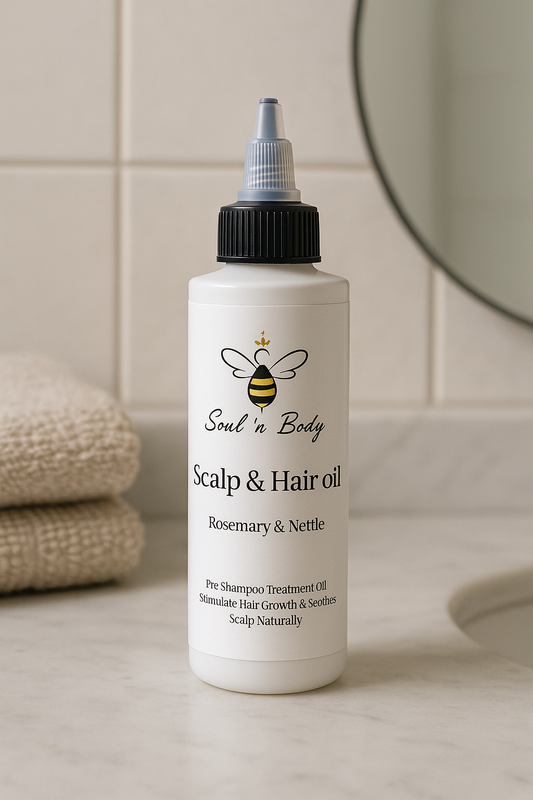 Natural hair and scalp oil with rosemary and nettle for hair growth and scalp nourishment in a glass dropper bottle.