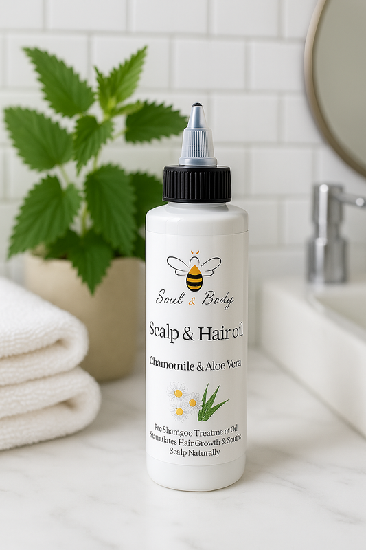 Chamomile and Aloe Vera Hair Oil in eco-friendly bottle surrounded by dried chamomile flowers