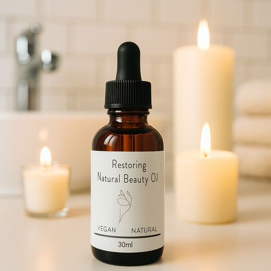 Glass dropper bottle of Nourishing Face and Body Oil with macadamia, rosehip, avocado, and vitamin E, placed on a wooden stand.