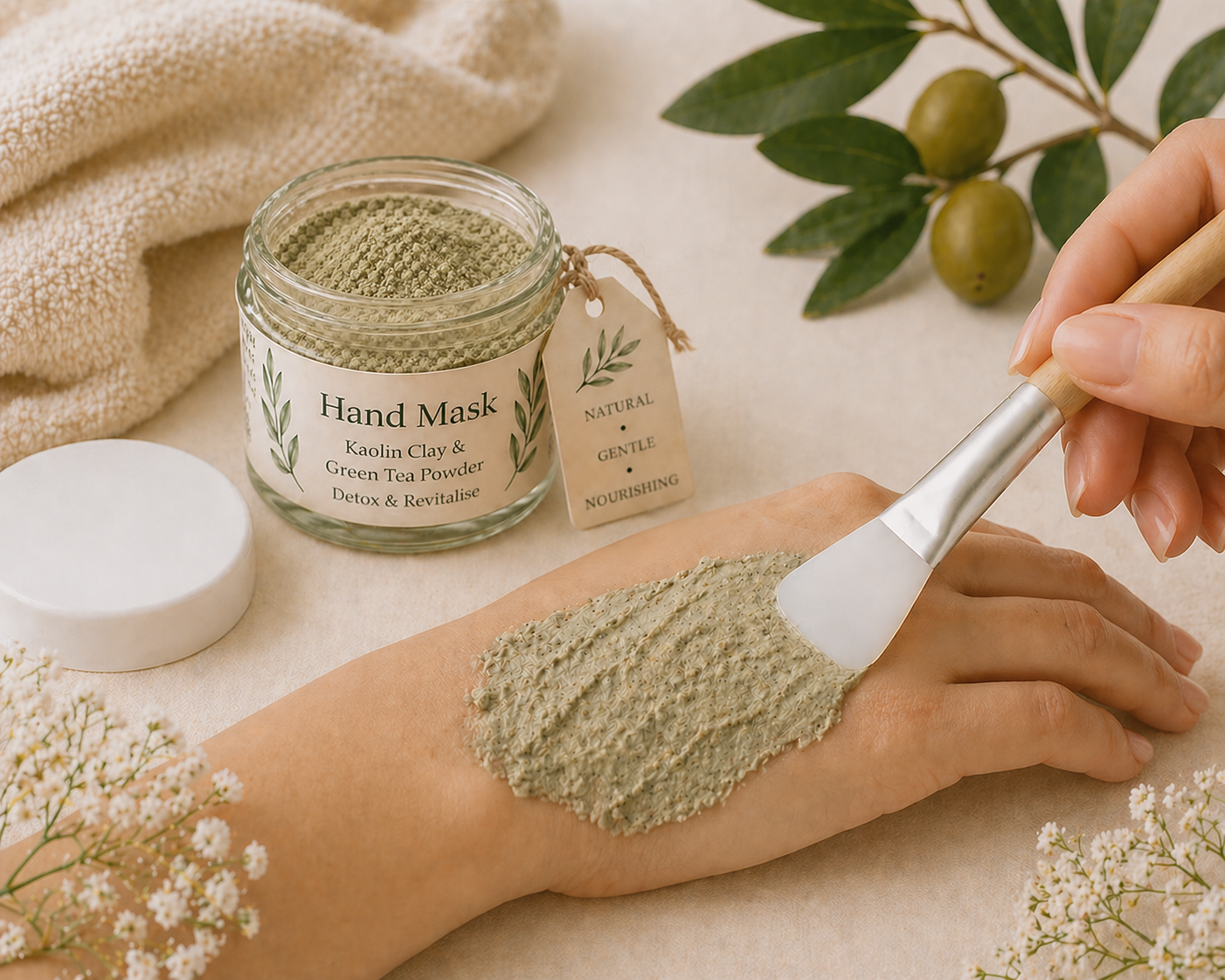 Hand mask application with jar of hand mask, brush, and natural elements on a light background