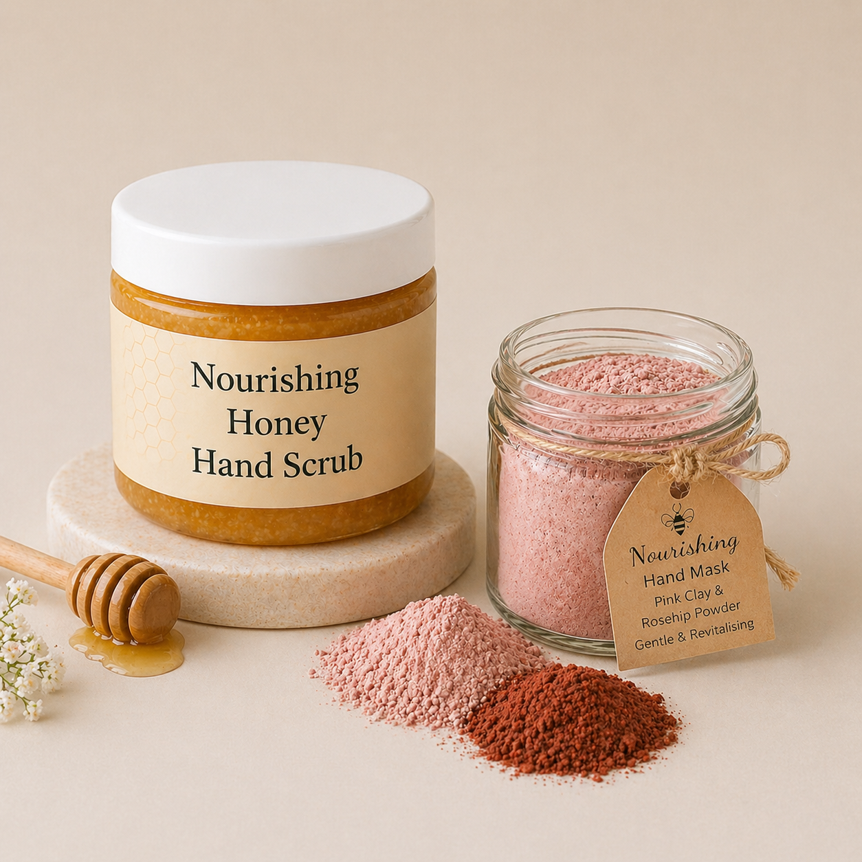 Nourishing Honey Hand Scrub jar and Nourishing Hand Mask jar with pink powder on a beige background