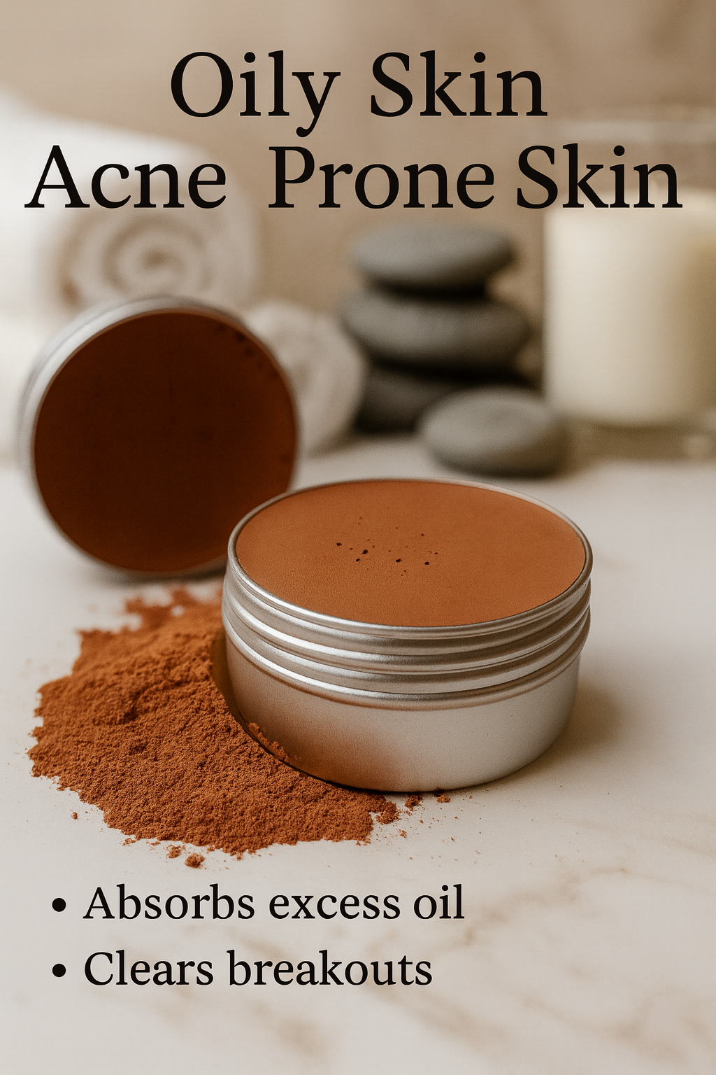 Product label image for red clay cleansing balm with text highlighting its use for oily, acne-prone skin.