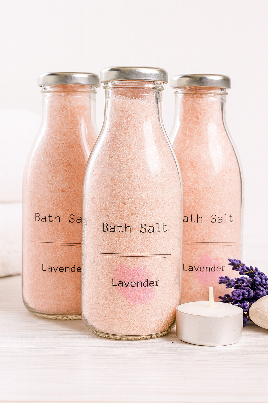 Handcrafted mineral bath soak in recyclable glass jars, infused with essential oils – luxury Himalayan, Epsom, and Dead Sea salt blend.