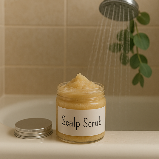 Natural handmade scalp scrub in a 200g jar for exfoliating and cleansing the scalp.