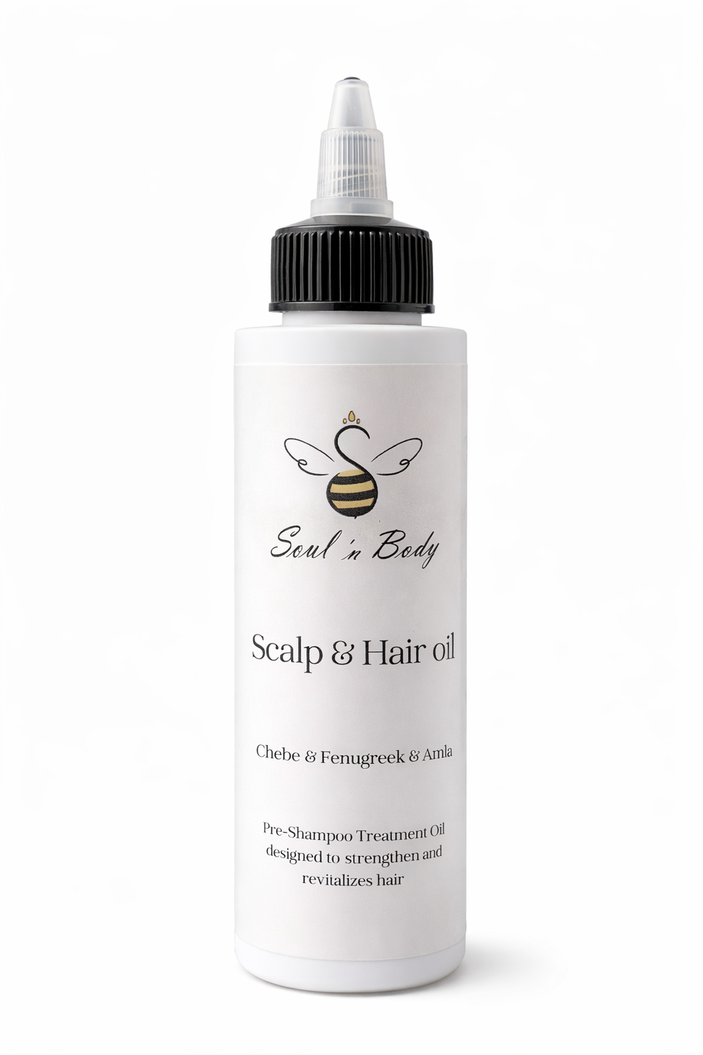 Bottle of Soul n Body Scalp & Hair Oil with chebe, fenugreek, and amla on a white background