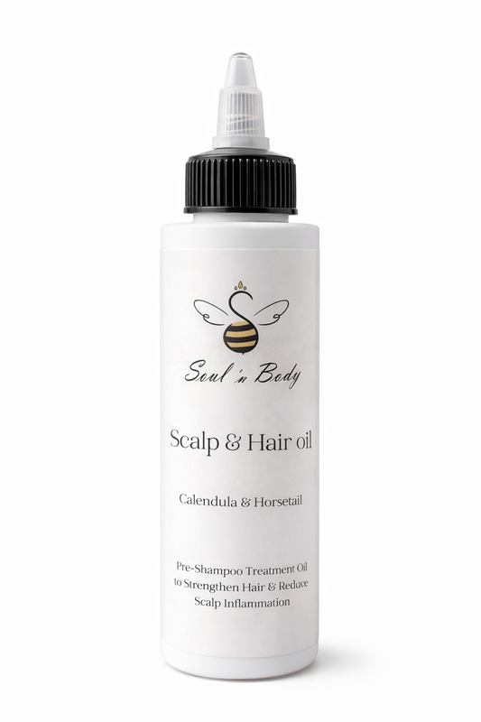 Scalp and hair oil bottle with 'Soul in Body' branding on a white background