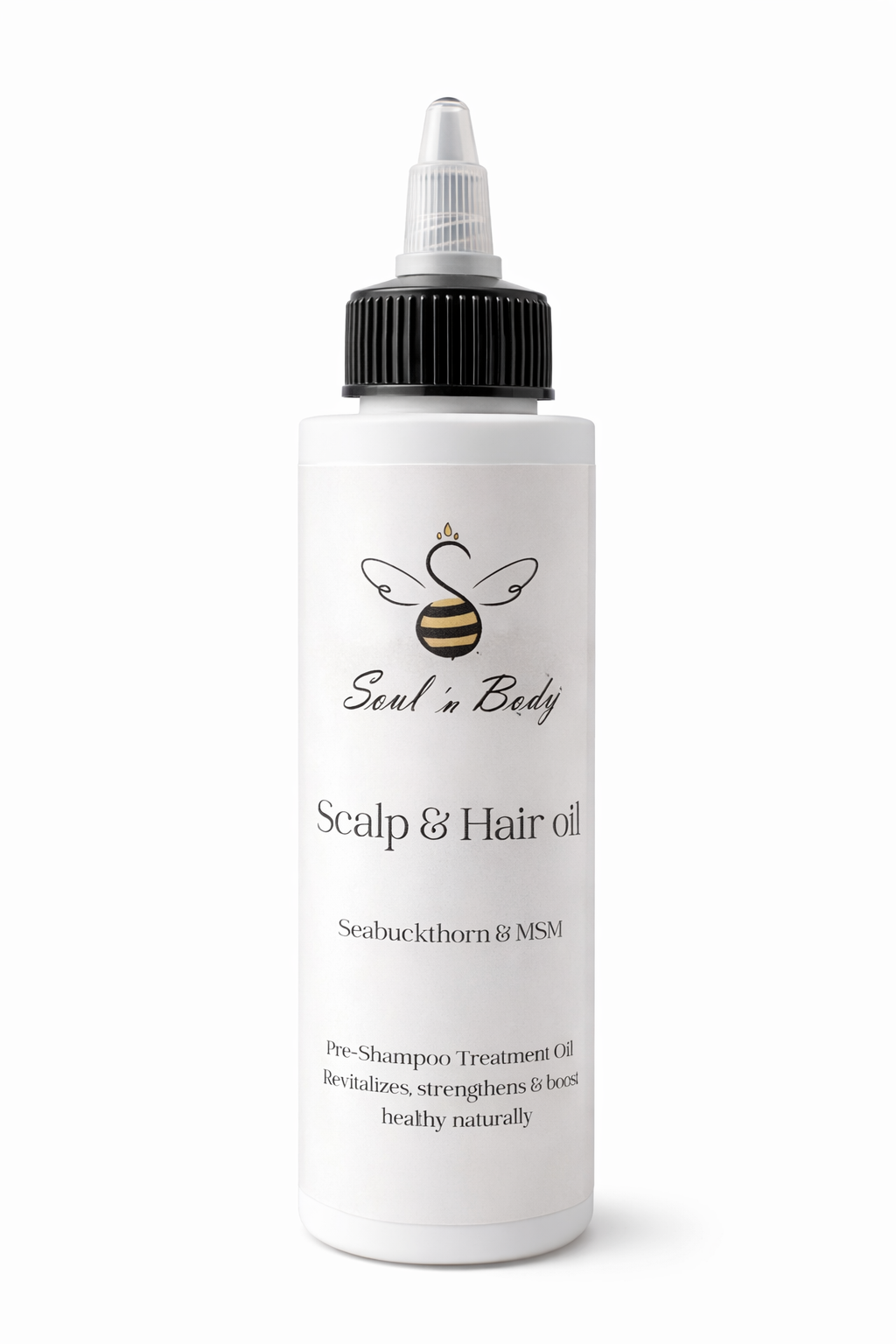 Bottle of Scalp and Hair Oil with Seabuckthorn & MSM from Soul n Body on a white background