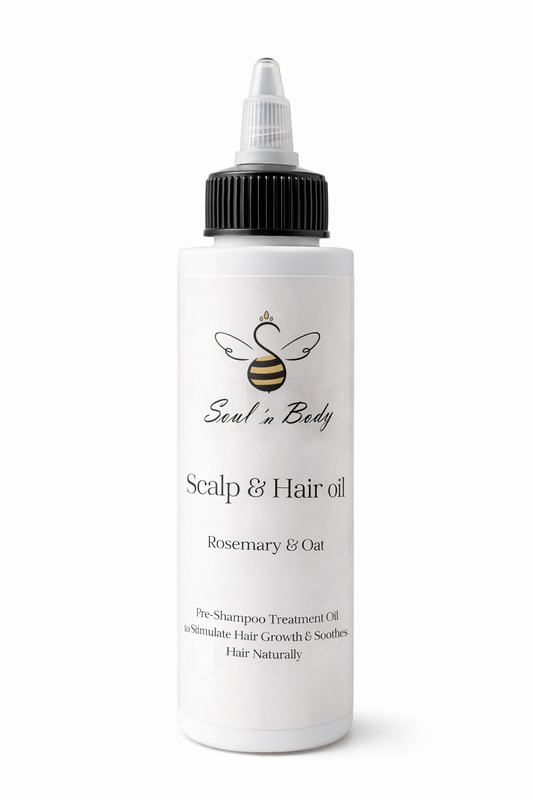Bottle of Scalp and Hair Oil with Rosemary & Oat 'Soul n' Body' branding on a white background
