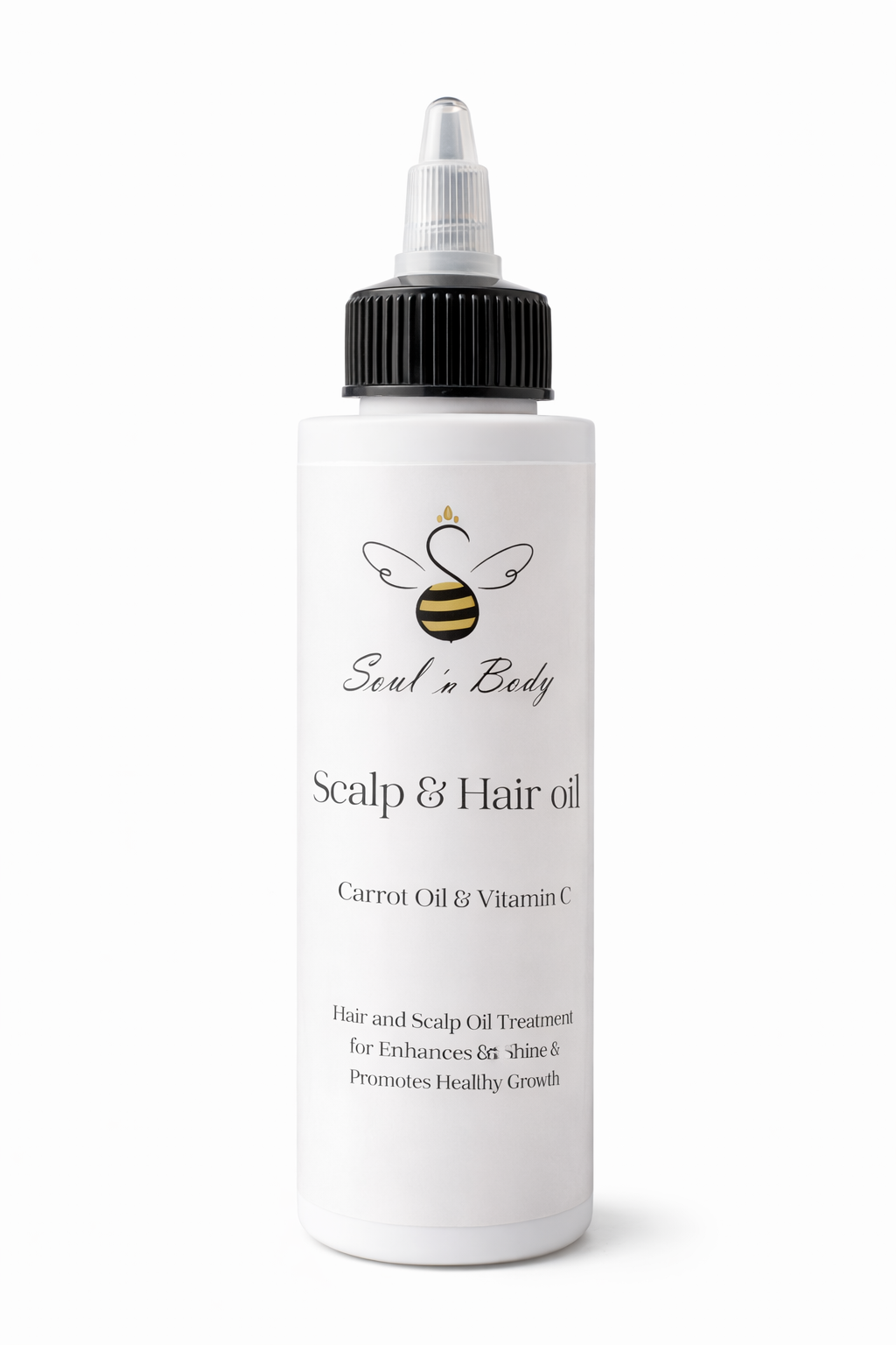 Bottle of Scalp and Hair Oil with Carrot Oil & Vitamin C from Soul n Body on a white background
