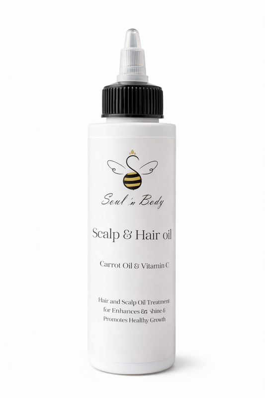 Bottle of Scalp and Hair Oil with Carrot Oil & Vitamin C from Soul n Body on a white background