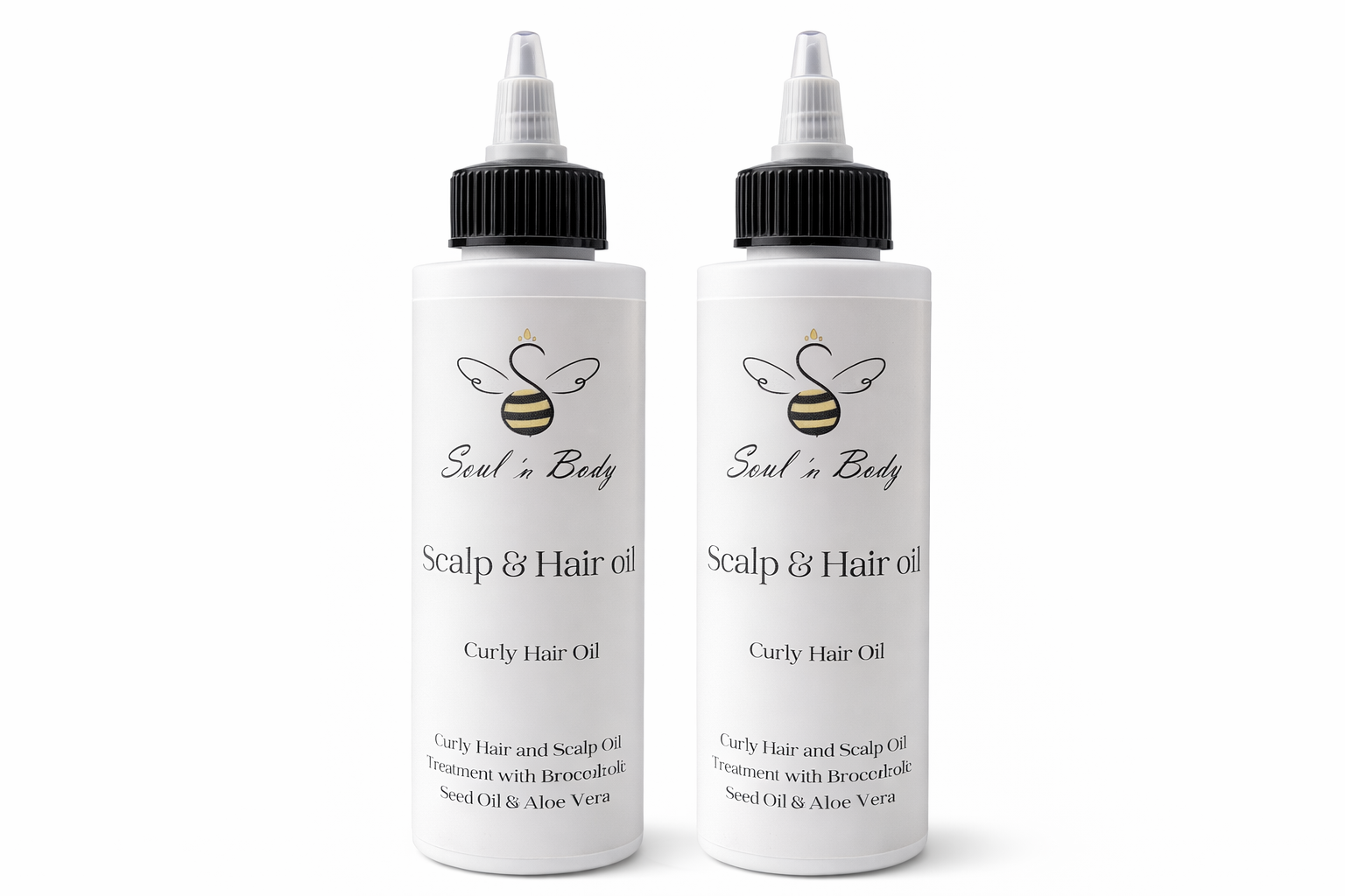Two bottles of Scalp and Hair Oil Soul n Body on a white background