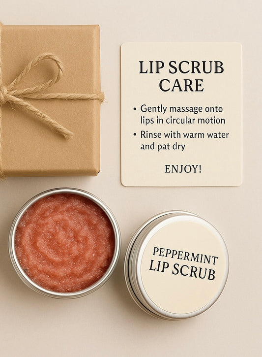 Peppermint lip scrub in a tin with a gift box and usage instructions on a beige background