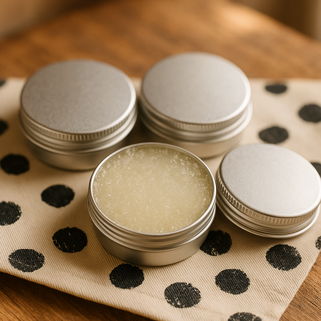 Silver tins of lip scrub with lids on a polka dot cloth
