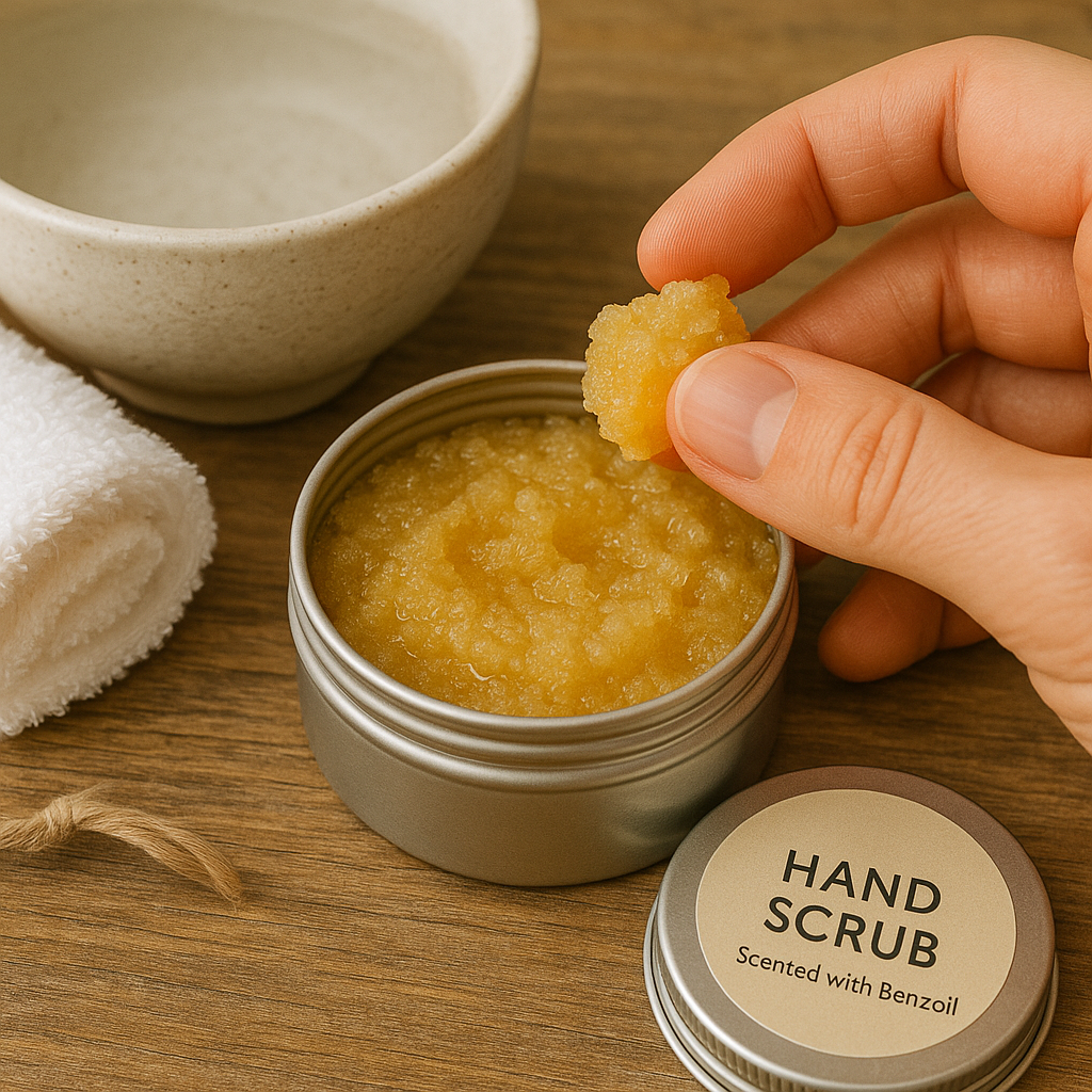 Hand applying natural sugar hand scrub with golden shea and olive oil blend