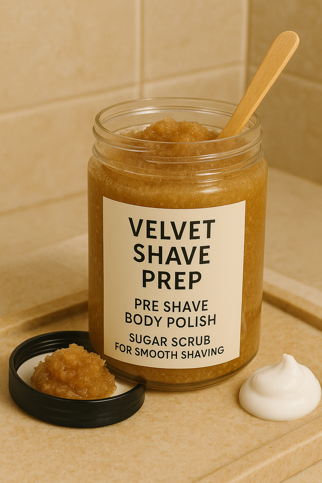 Luxurious sugar scrub in clear jar for legs, underarms, and bikini line prep