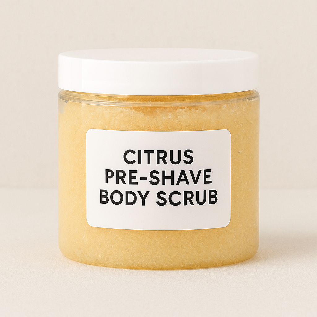Jar of citrus pre-shave body scrub from soul n body on a beige background