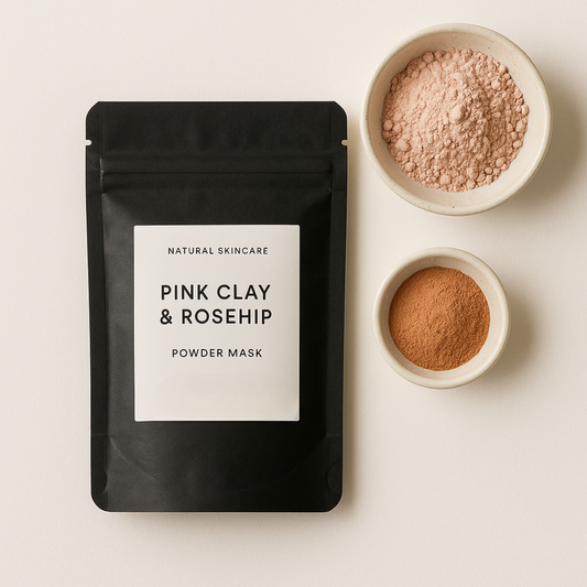 Pink clay and rosehip powder mask in black kraft pouch with skincare ingredients displayed in bowls.