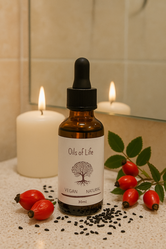 Amber glass bottle of Restorative Face & Body Oil with sesame, rosehip, and black seed oil, placed on a white background.