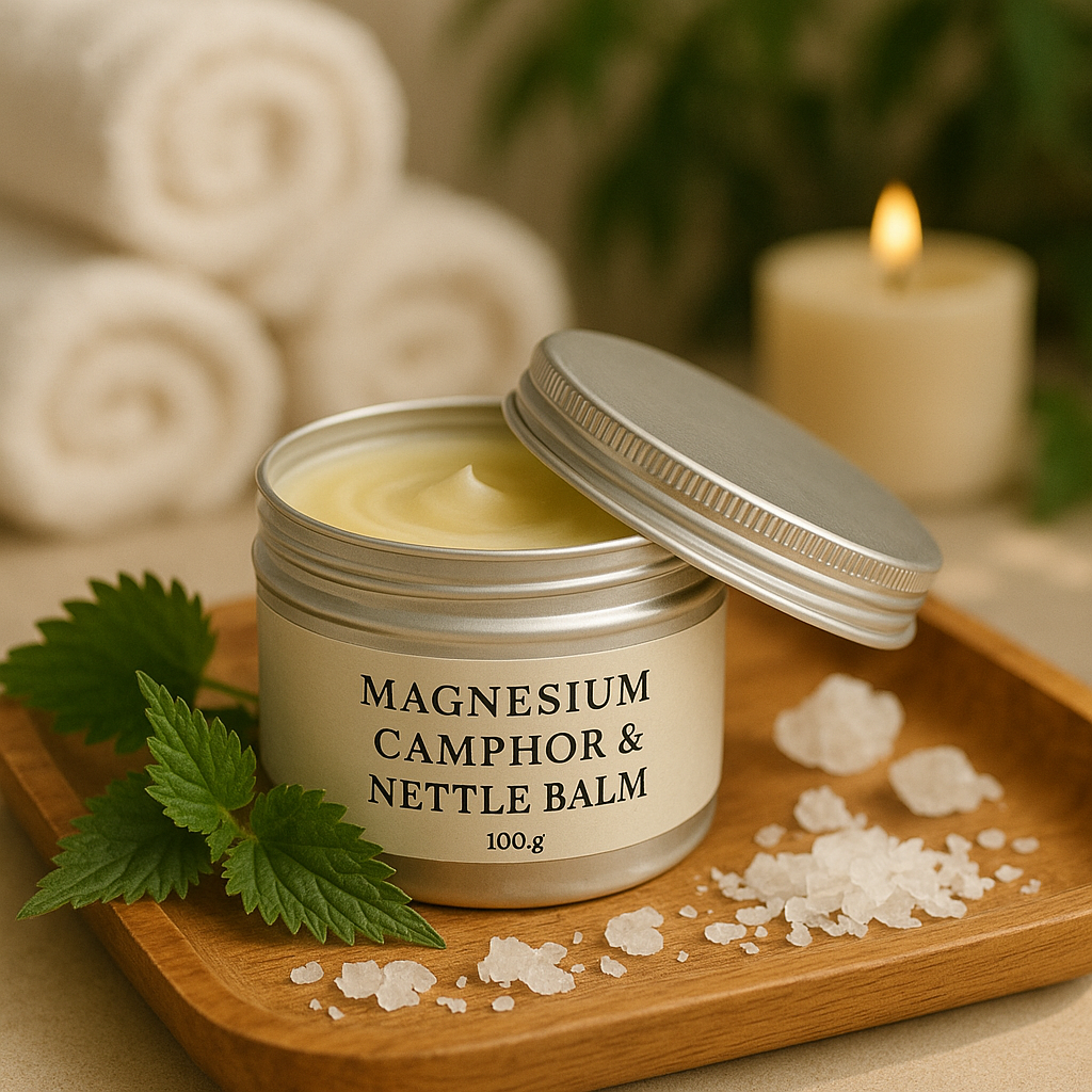 Open jar of magnesium camphor & nettle balm on a wooden tray with herbs and salt, candle in the background.