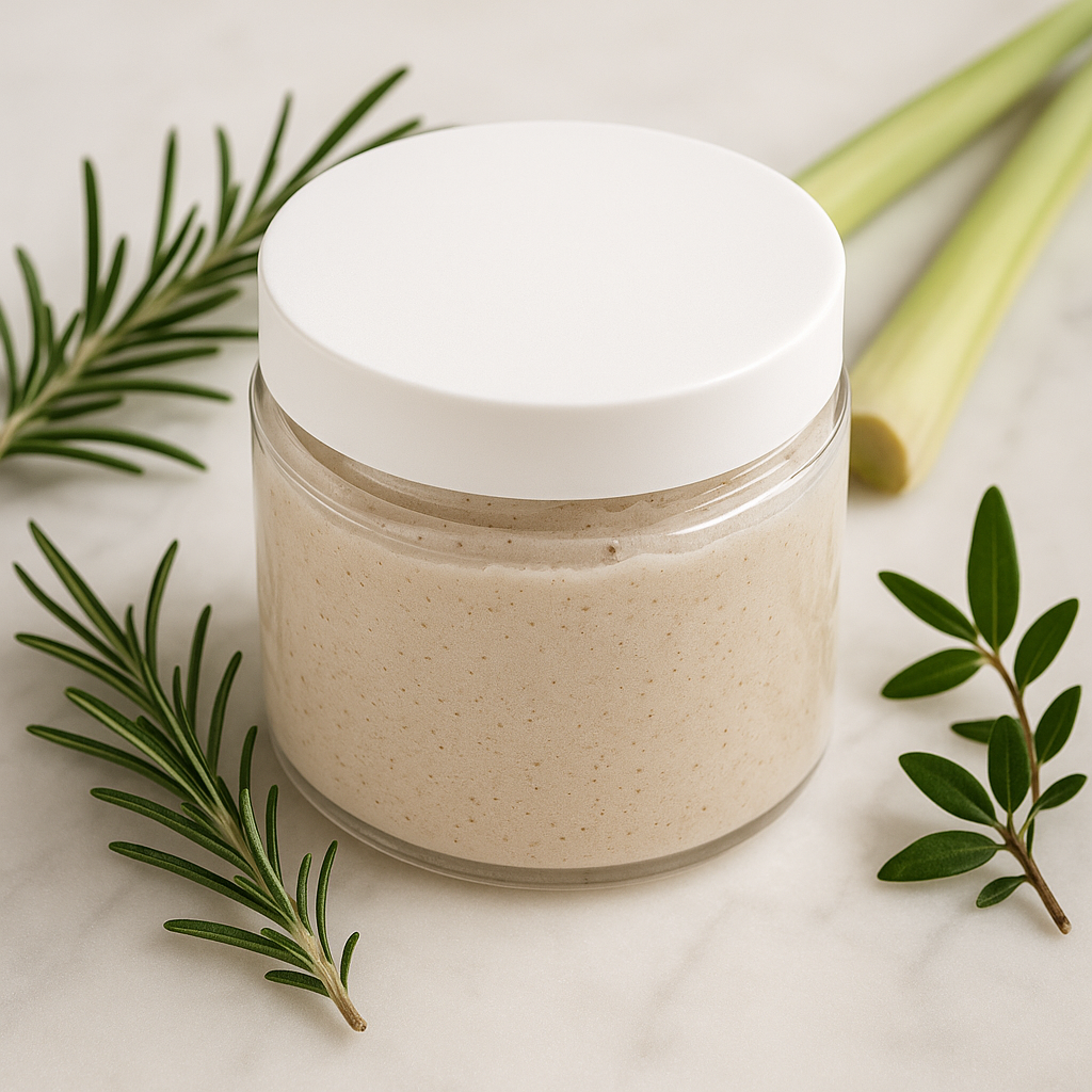 closed jar of gentle sugar face scrub with rosemary springs and lemongrass stalks on a white background.