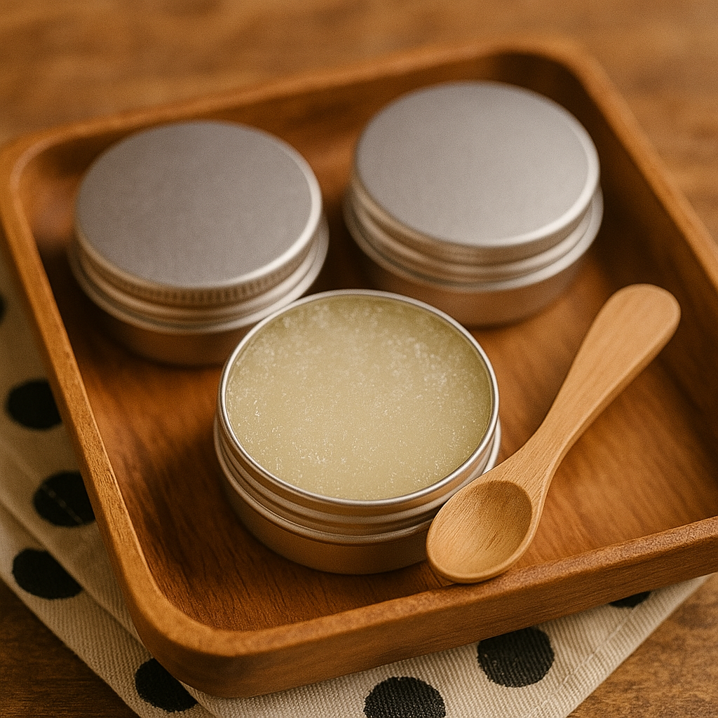 Open tin of lip scrub with a small wooden spoon, placed on a leopard print.