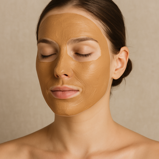 Woman with eyes closed wearing a natural clay face mask on smooth skin.