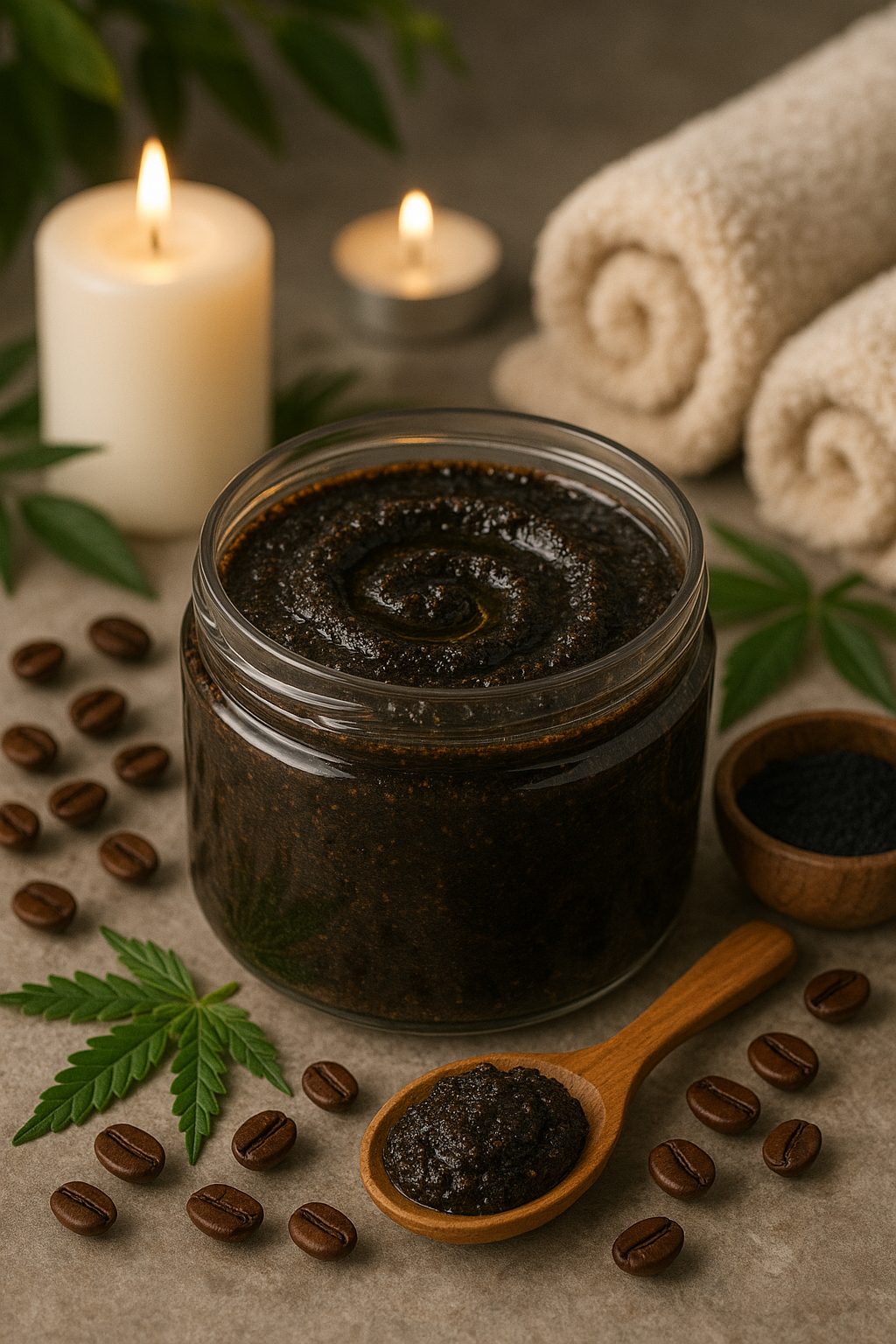 Top view of open jar of charcoal and coffee face scrub with coffee beans and wooden spoon on a beige surface.