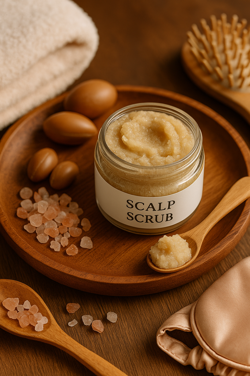 Scalp scrub displayed on countertop – salt-based exfoliant with argan oil.