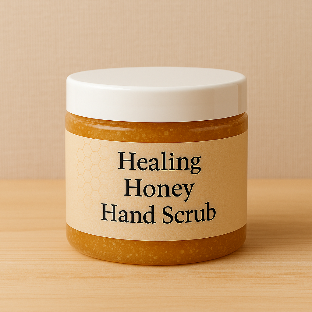 Jar of Healing Honey Hand Scrub on a wooden surface with a beige background