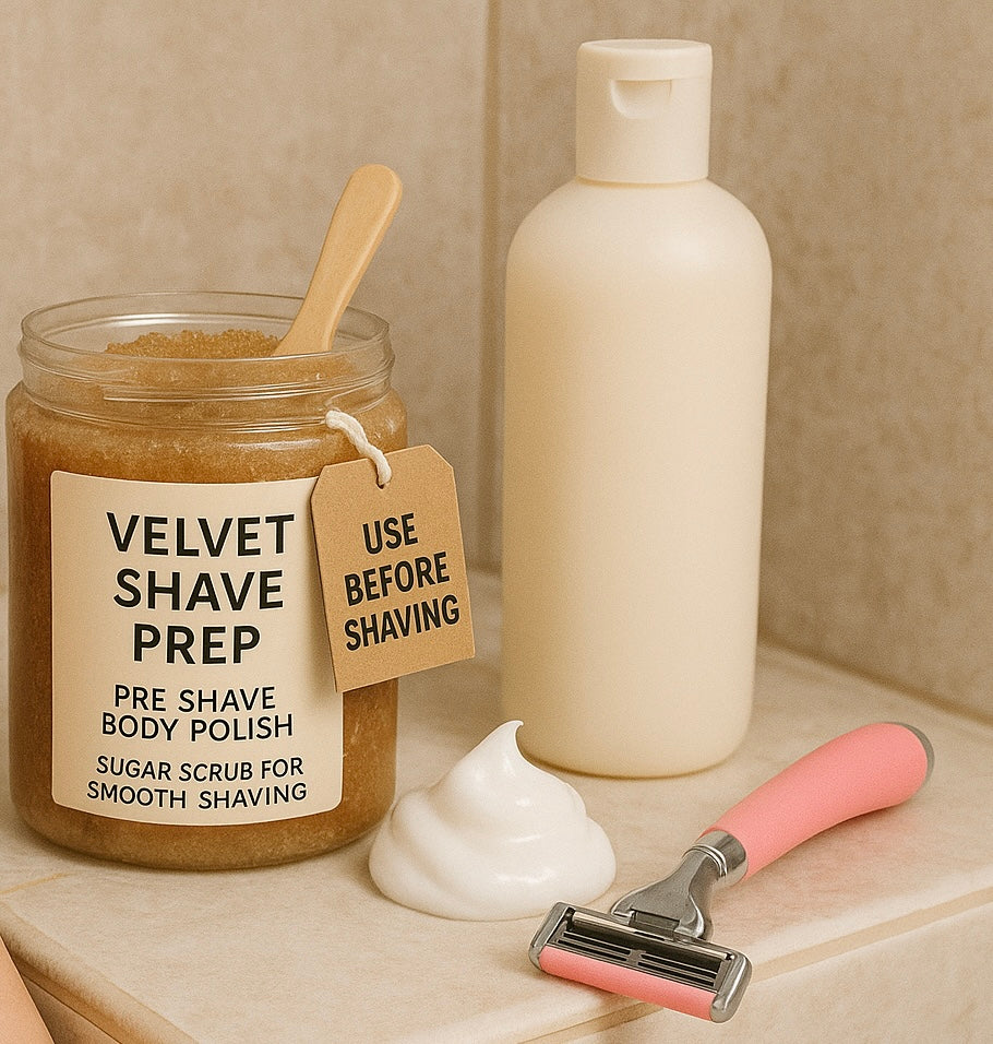 Jar of velvet shave prep, bottle of shaving cream, and pink razor on a bathroom counter.