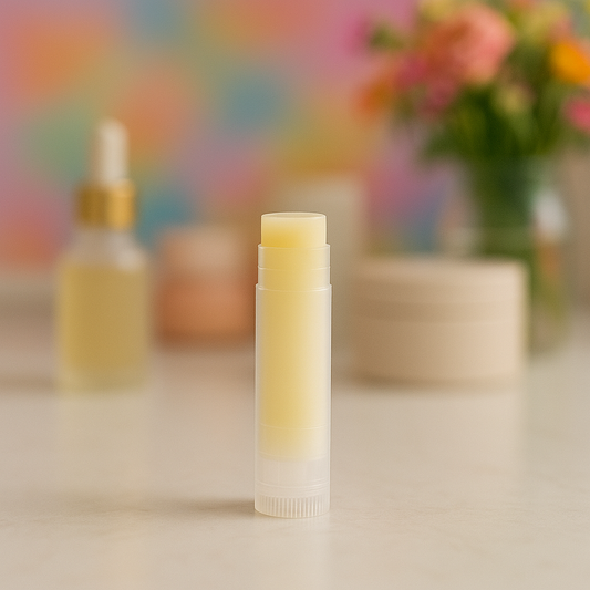 Natural lip balm in a tube on a light surface with a blurred colorful background and green plant.