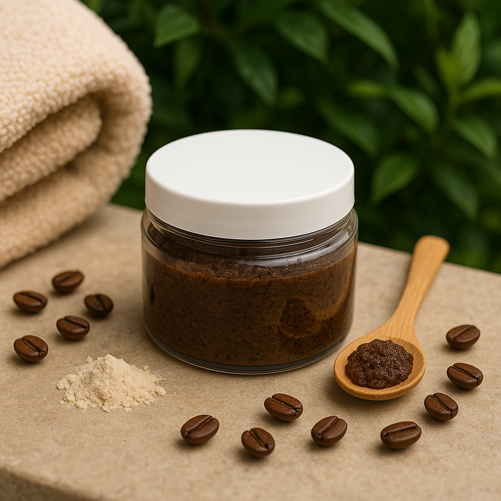 Jar of coffee scrub with coffee beans and a wooden spoon on a beige surface.
