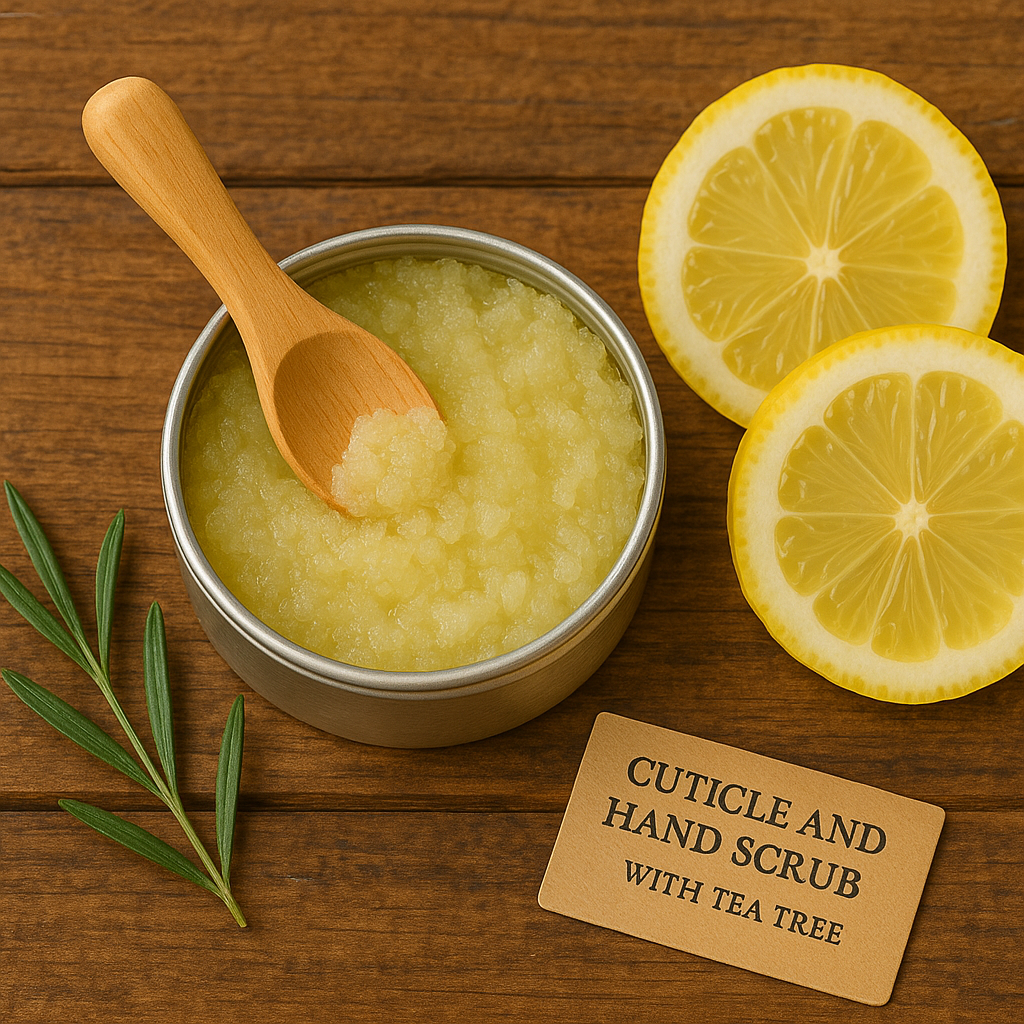 Cuticle and hand scrub with tea tree on a wooden surface with lemon slices and a label.