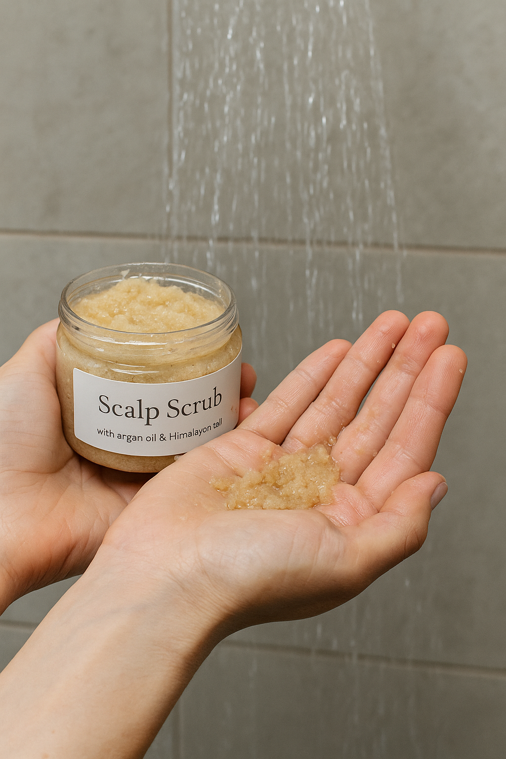 Hand holding scalp scrub jar – eco-friendly hair care product.
