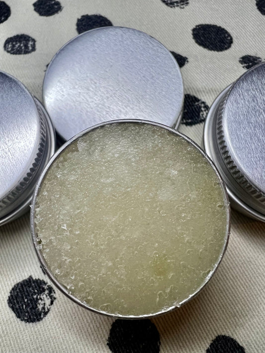 Natural aromatherapy lip scrub in silver tin – exfoliating and hydrating formula