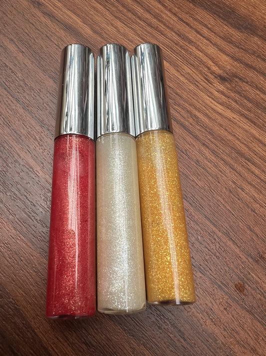Handmade Natural Glitter Lip Gloss – Pink, Gold & Silver Shimmer | Non-Sticky, Hydrating Gloss
