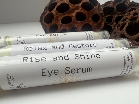 Natural day and night eye cream tubes labelled Relax and Restore, Rise and Shine – handmade vegan skincare