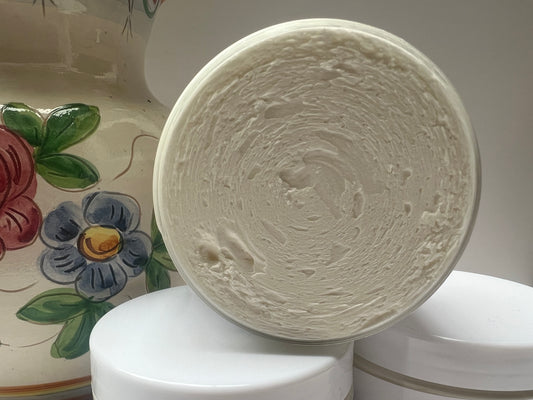 Close-up of fluffy whipped shea and cocoa butter texture