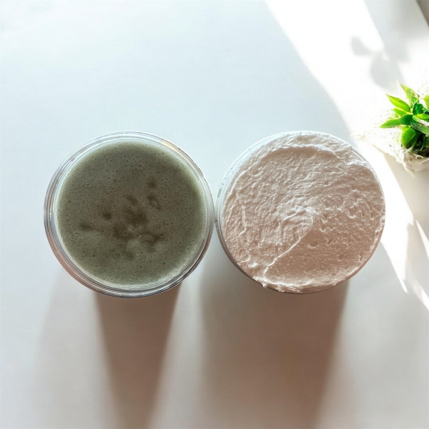 Foot Scrub and Whipped Foot Butter in jars on a wooden stand – natural exfoliating and moisturizing foot care set.